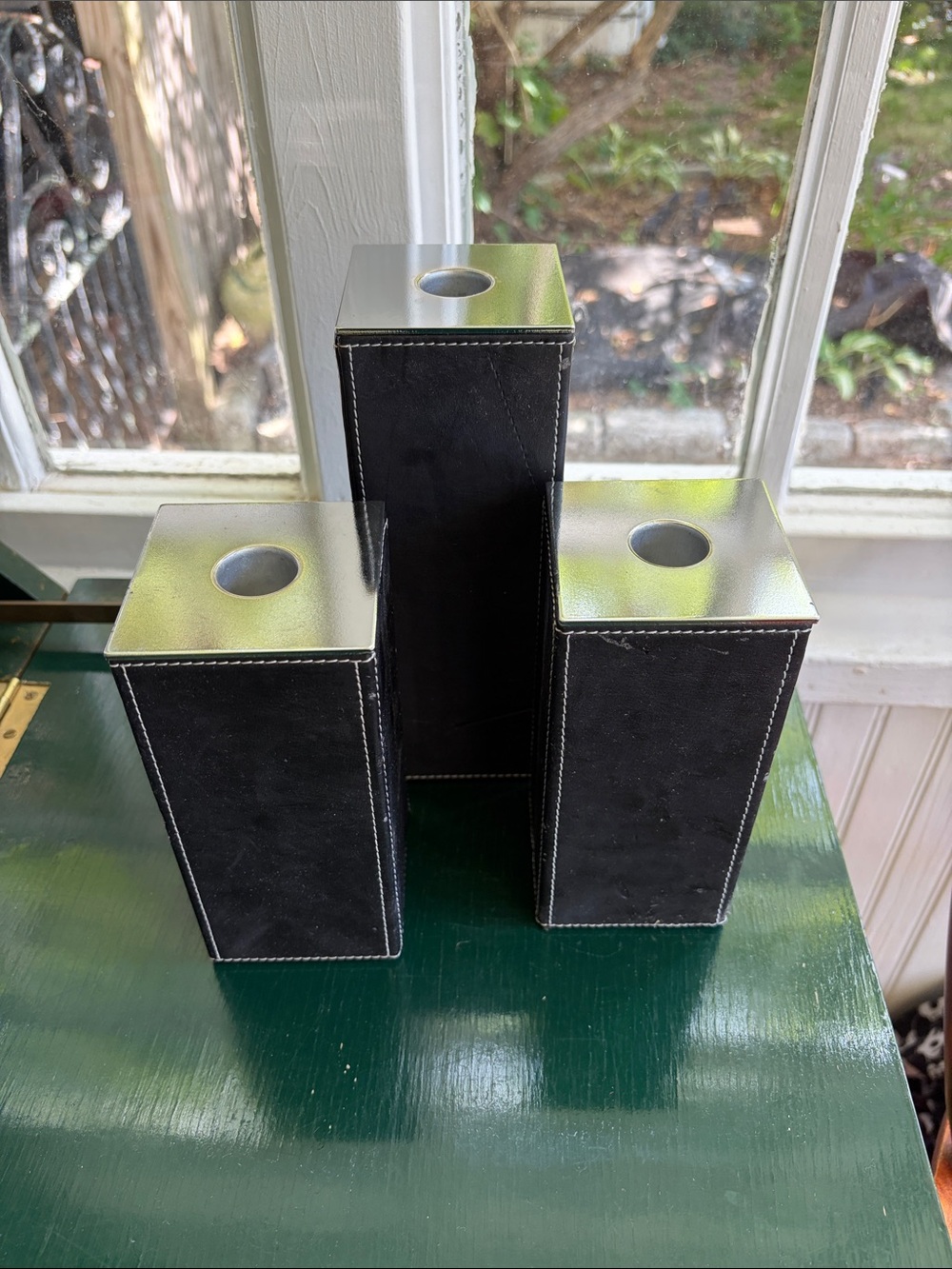 Black Faux Leather Rectangular Column Candle Holders - Modern Home Accents